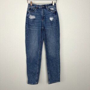 American Eagle Mom Straight Jeans Stretch Womens 0 Distressed Stain